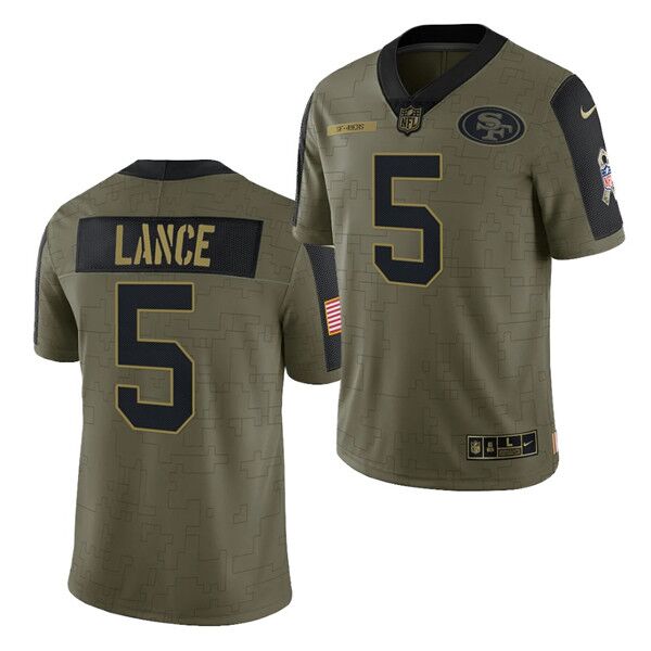 Men's San Francisco 49ers #5 Trey Lance 2021 Olive Camo Salute To Service Limited Stitched Jersey